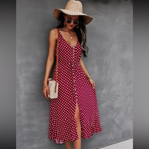 Boho polka dots print button detail drawstring waist cami dress - Picture 14 of 16